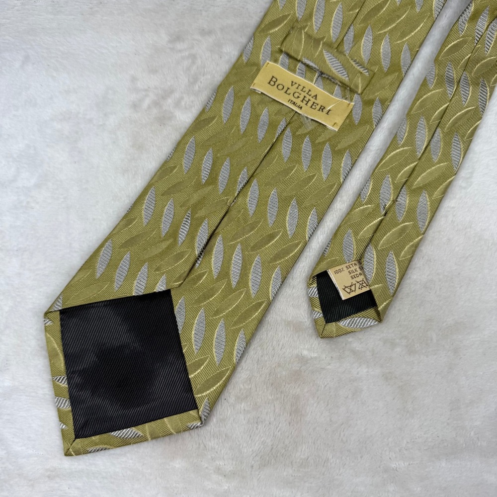 Villa Bolgheri Italy Mens Silk Tie Olive Green Silver Geometric Leaf Woven 9842